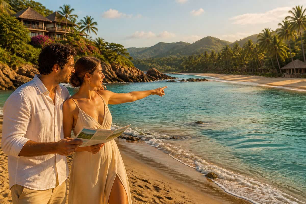 A newlywed couple compares two tropical beach settings along the Zihuatanejo coast.