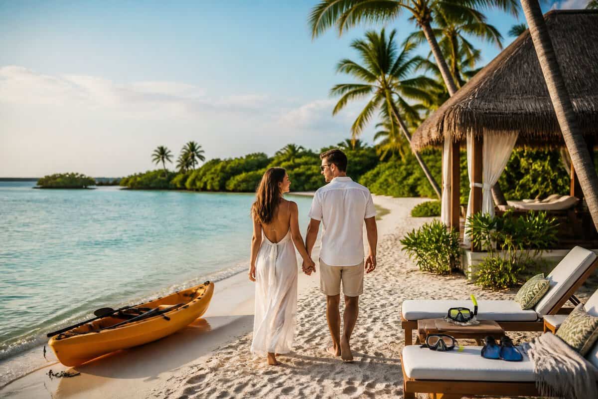 A couple walks along a tropical Belize beach beside a luxury resort and turquoise water.