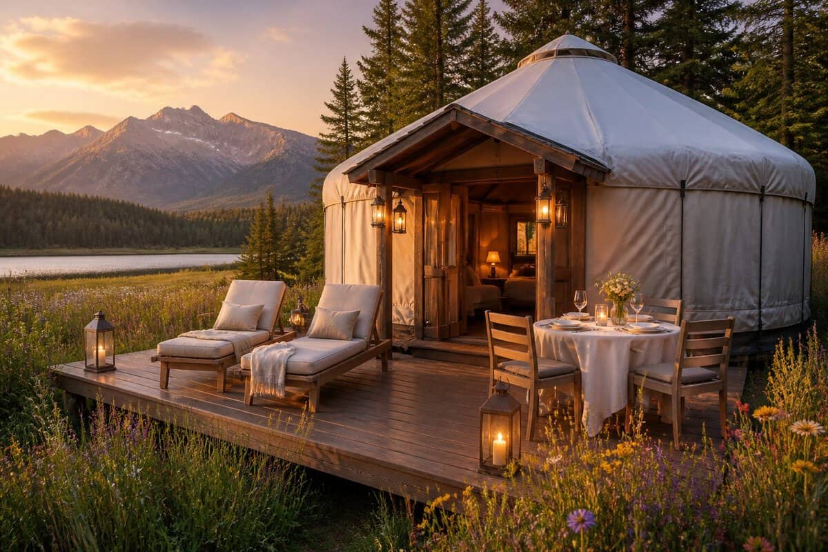 A luxurious honeymoon yurt with a private deck, breakfast table, and lounge chairs overlooking a peaceful mountain meadow.