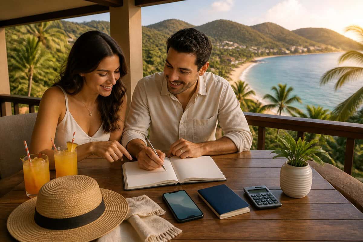 A couple plans their honeymoon budget on a resort balcony overlooking a tropical beach.