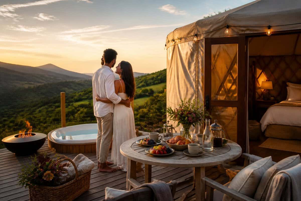 Newlywed couple embracing outside a luxurious yurt beside a breakfast table overlooking green hills and mountains.