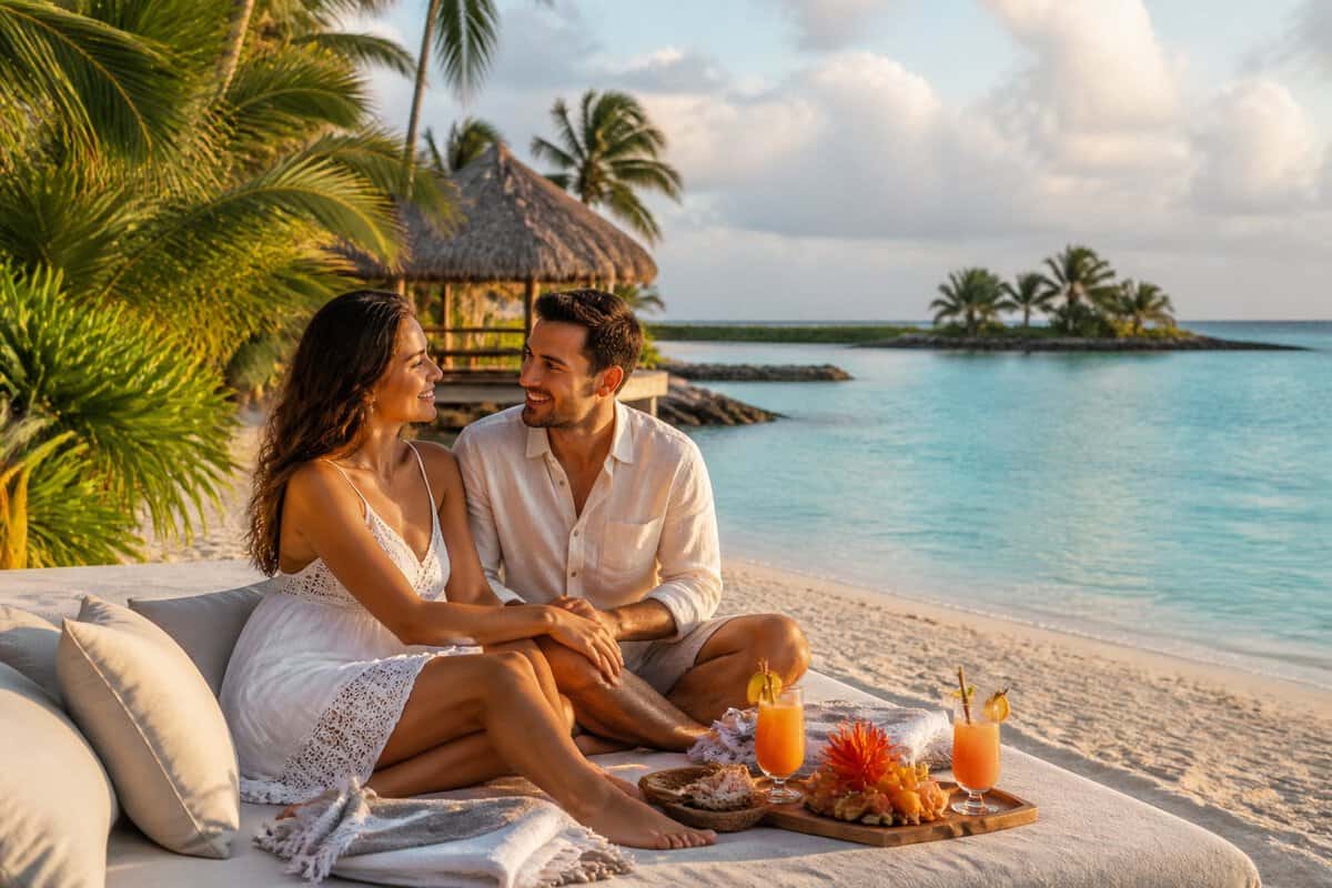Newlywed couple holding hands and walking along a secluded tropical beach in Belize.