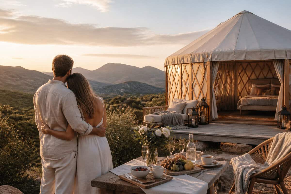 A newlywed couple enjoys a luxurious yurt retreat with breakfast and scenic nature surroundings.