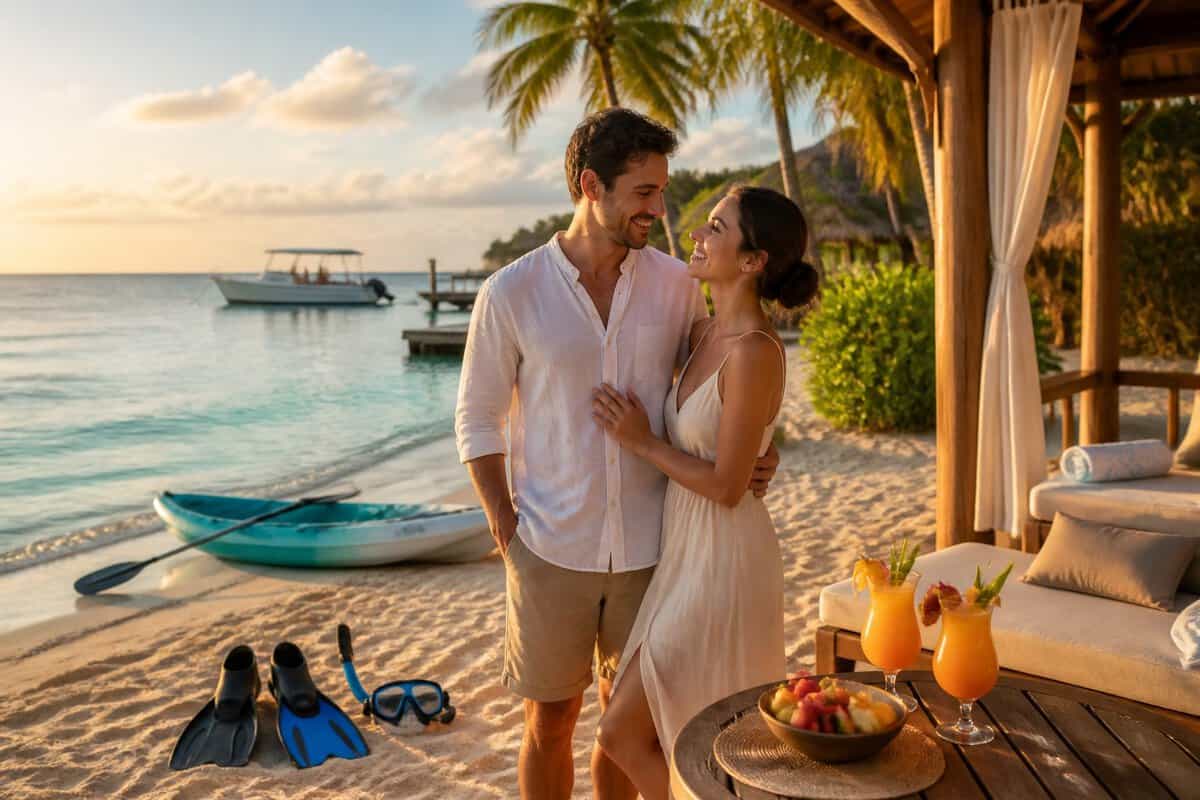 Newlywed couple enjoying a romantic beachside resort in Belize with tropical drinks, water activities, and lush scenery.