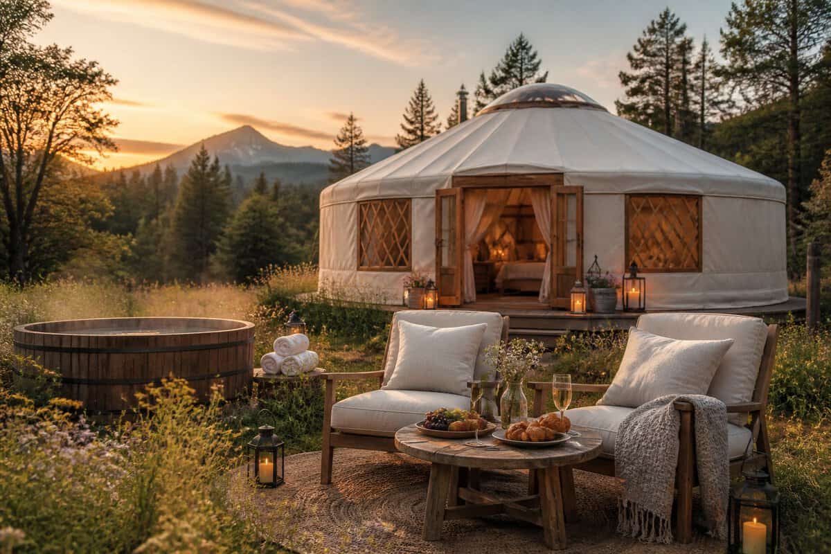 A luxury yurt in a peaceful meadow with romantic outdoor seating, a breakfast tray, and a private soaking tub at sunset.