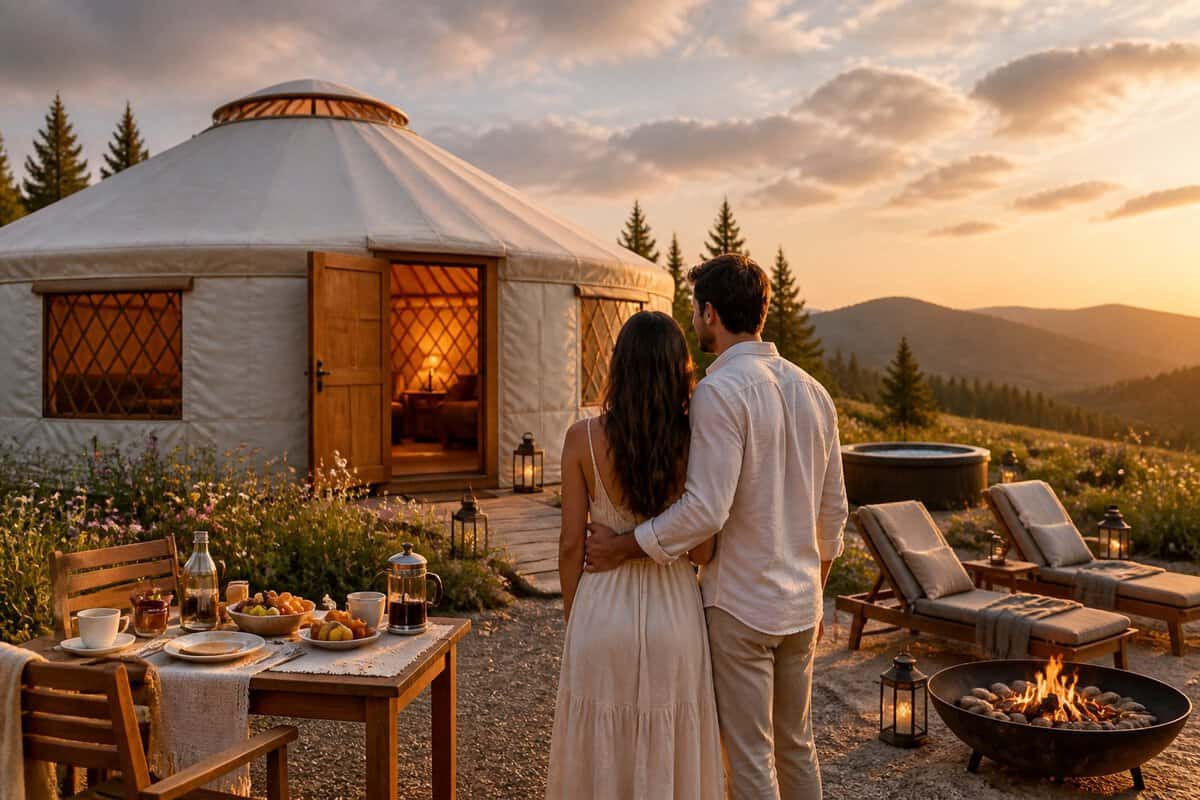 A newlywed couple enjoys a luxury yurt stay with breakfast and outdoor amenities in a peaceful meadow.