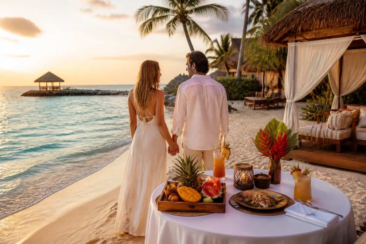 Newlywed couple enjoying a romantic all-inclusive beach resort experience in Belize.