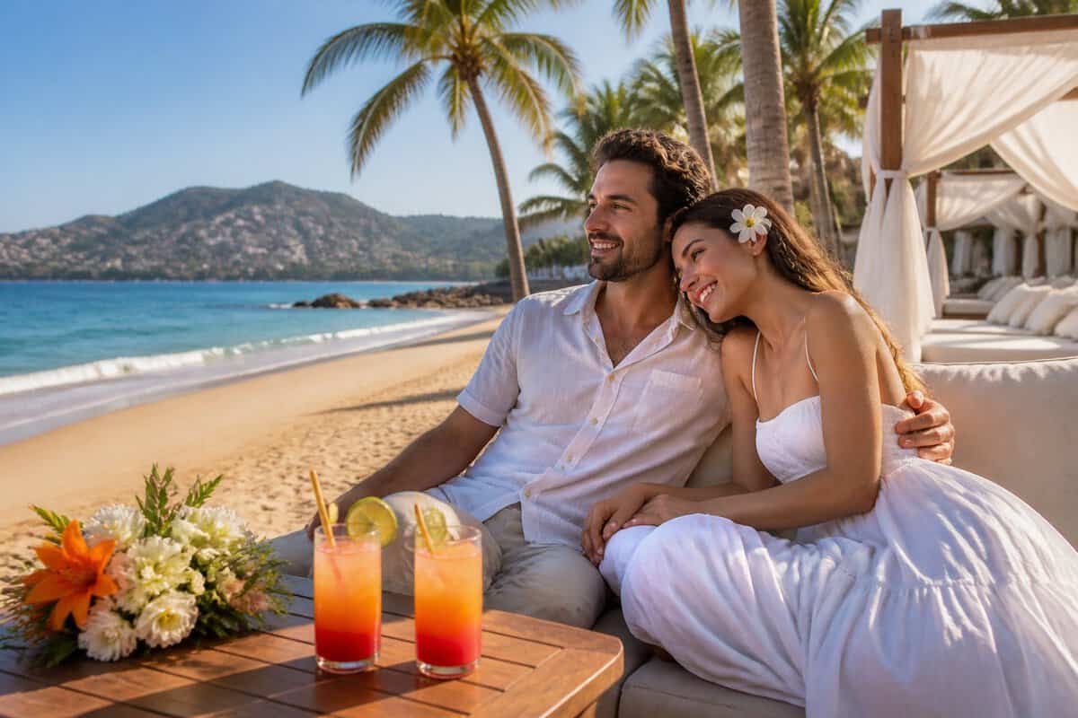 Newlywed couple relaxing together at a tropical beachfront resort in Zihuatanejo.