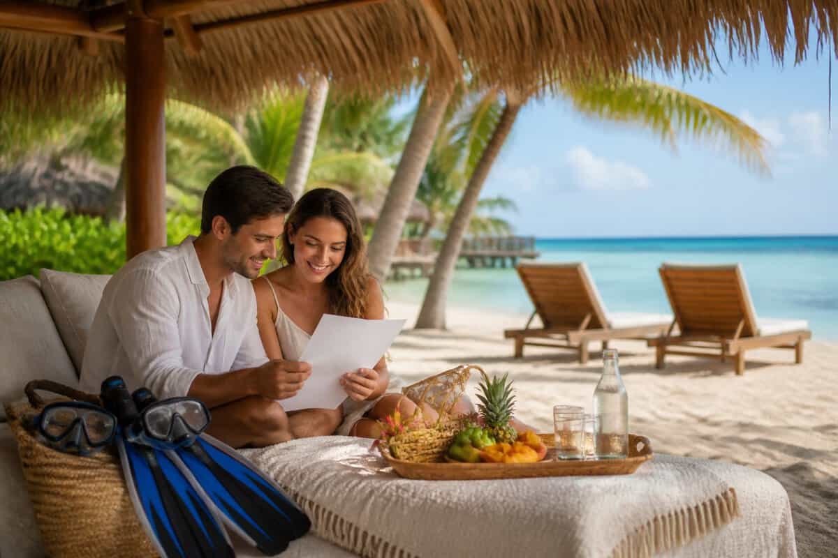 A newlywed couple compares travel options while relaxing at a tropical beachfront resort in Belize.
