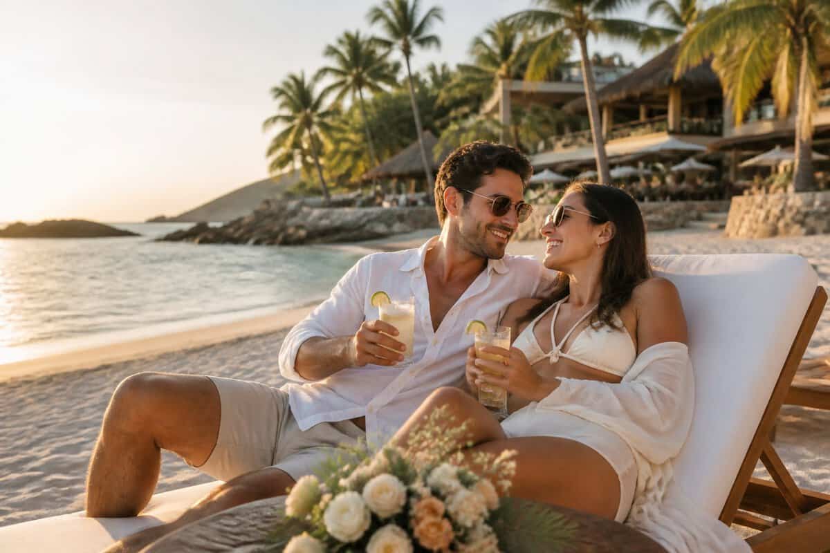 A newlywed couple relaxes on a tropical beach beside an all-inclusive resort in Zihuatanejo.
