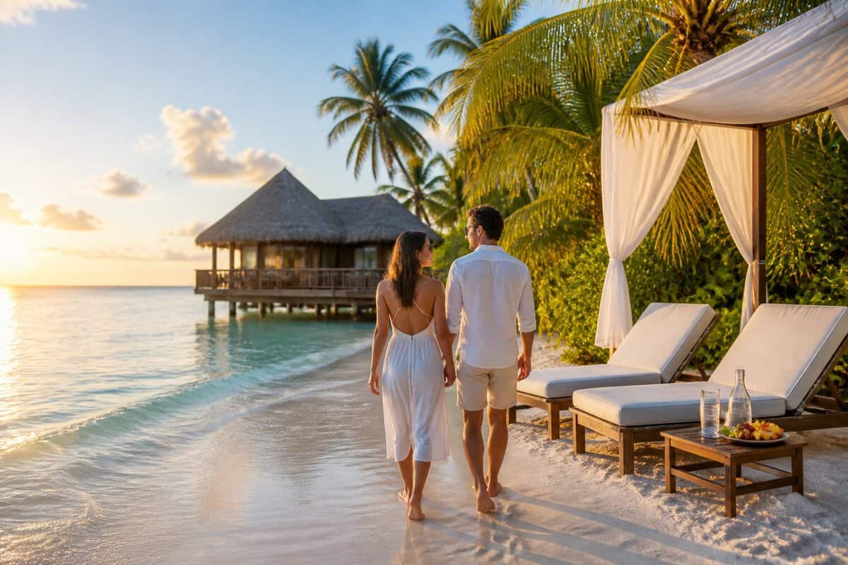 A couple walks along a tropical Belize beach near a luxurious beachfront resort at sunset.