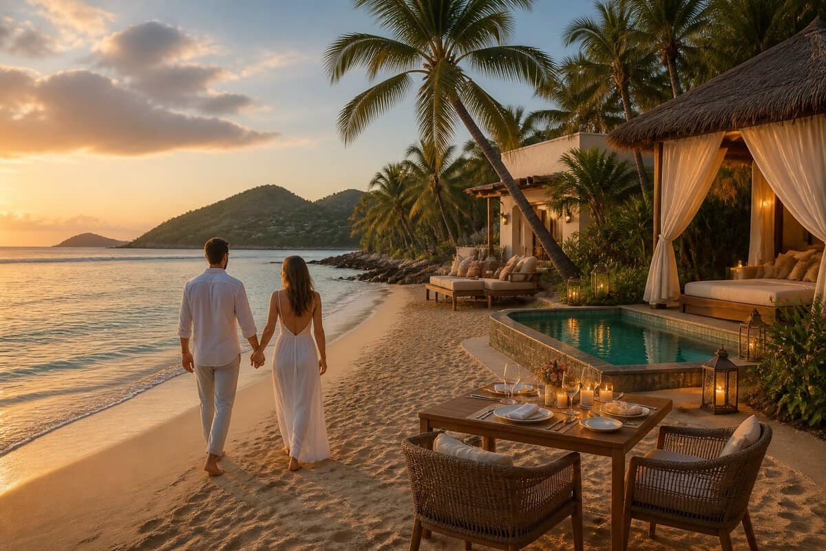 A couple walks hand in hand along a tropical beach beside a luxurious oceanfront resort.