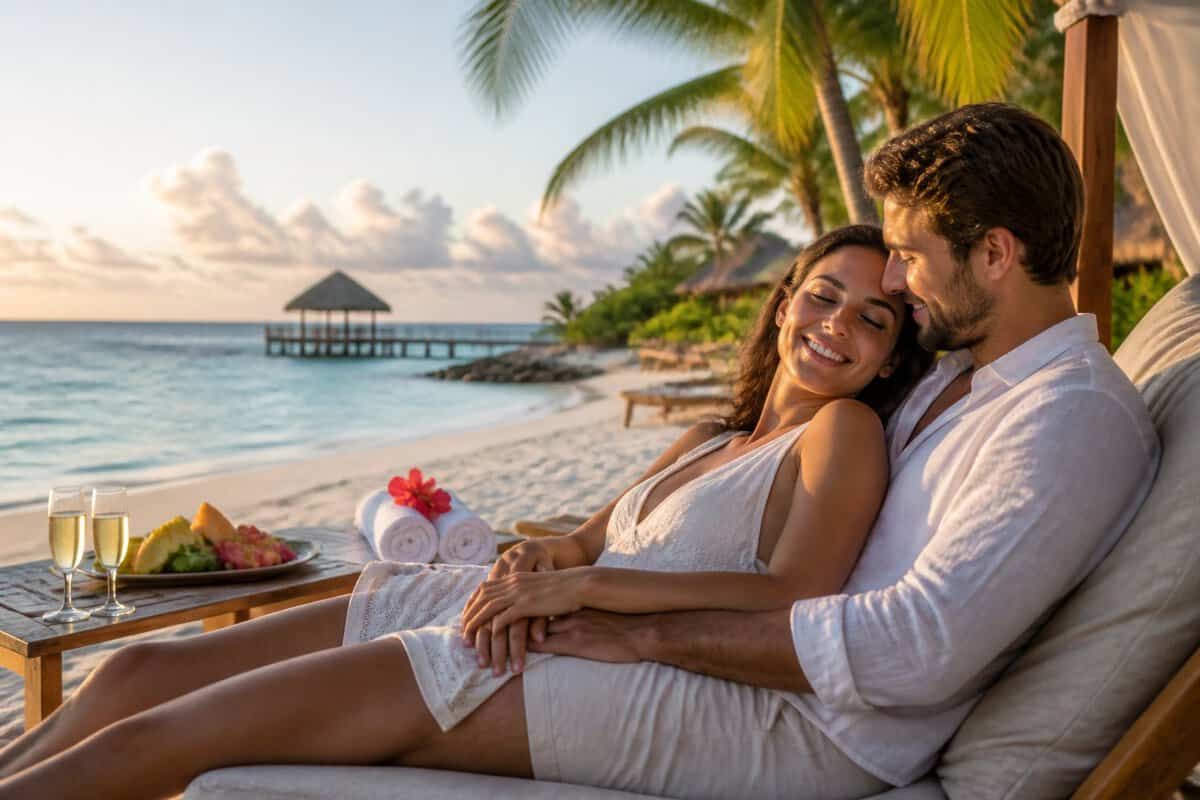Newlywed couple relaxing on a tropical Belize beach beside a romantic resort setup.