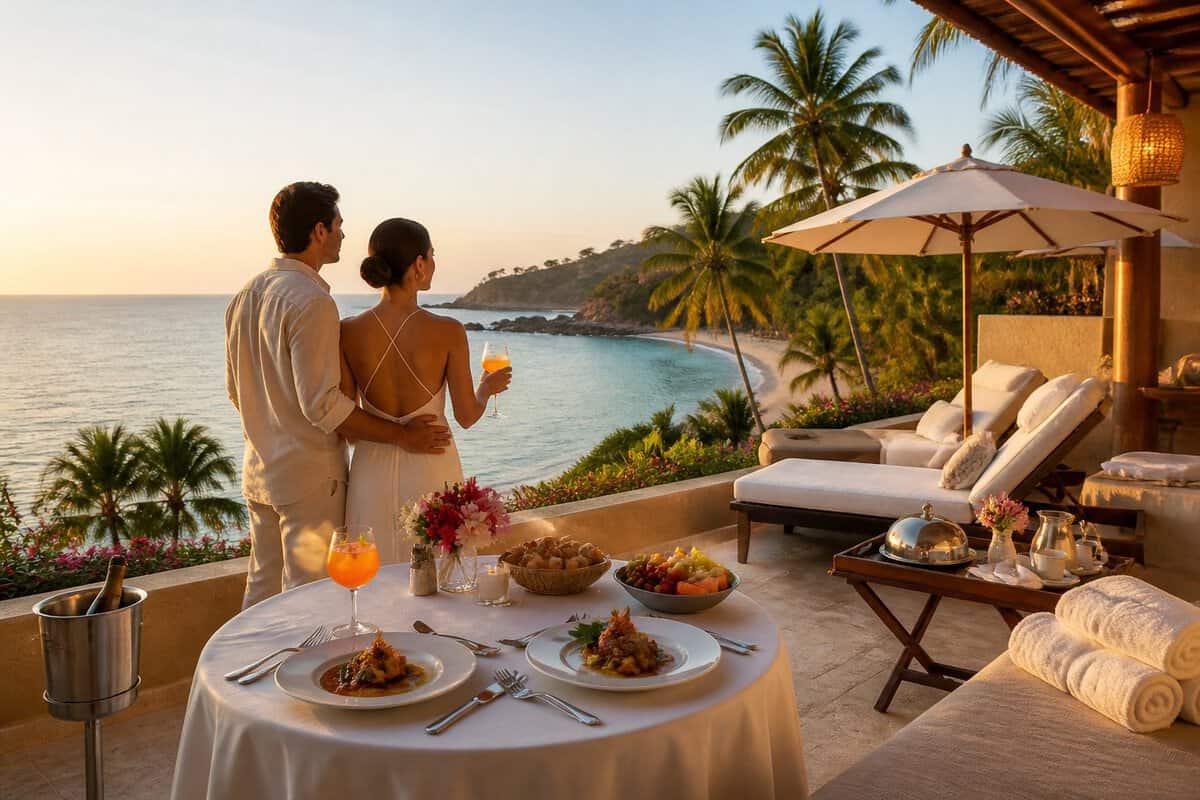 Newlywed couple enjoying an all-inclusive resort dinner on a terrace overlooking a tropical bay.
