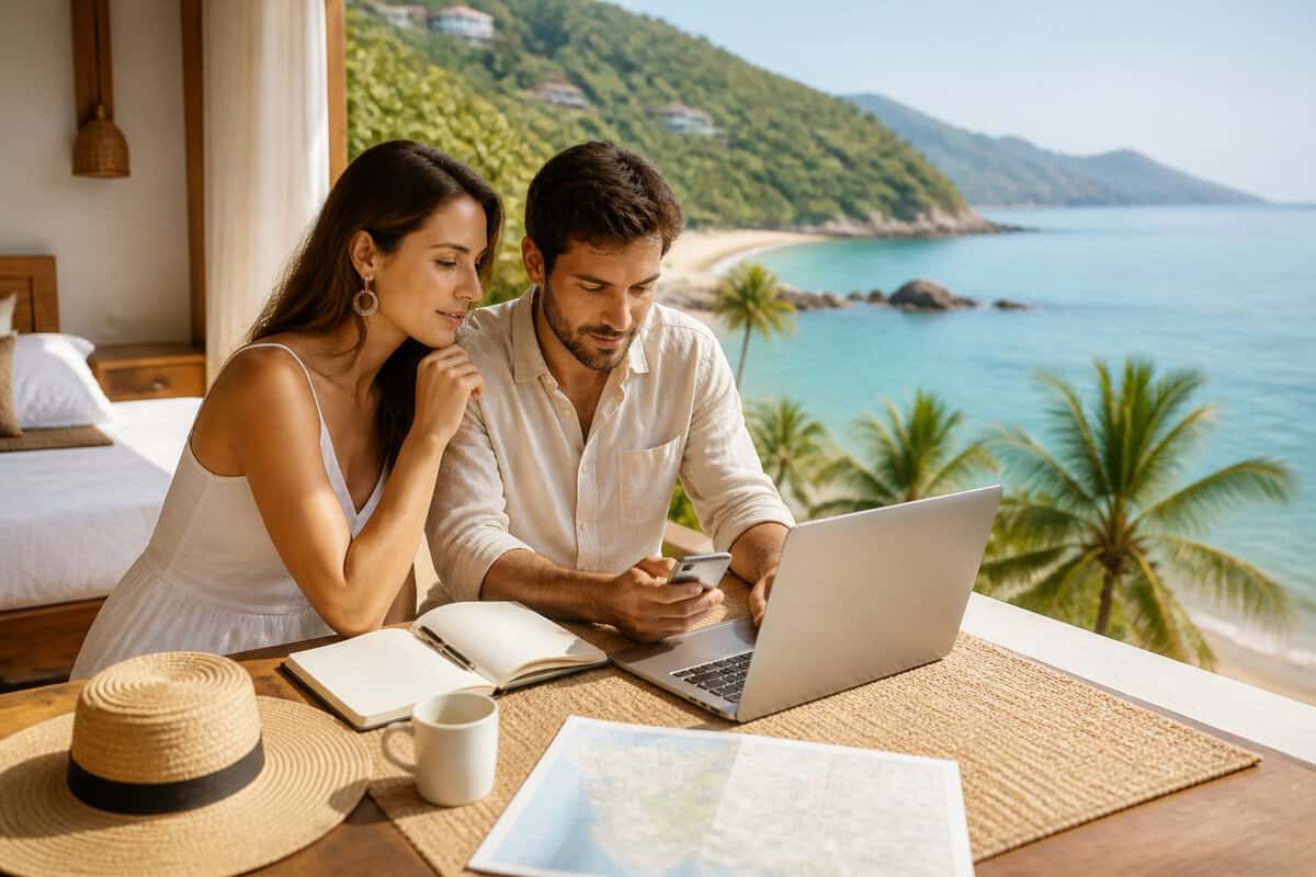 A couple reviews travel information together on a resort terrace overlooking a tropical bay in Zihuatanejo.