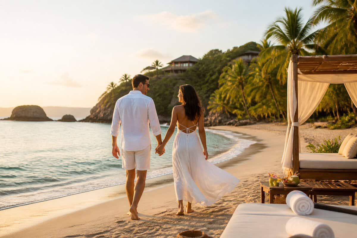 A couple walks hand in hand along a tropical beach beside a luxury resort at sunset.