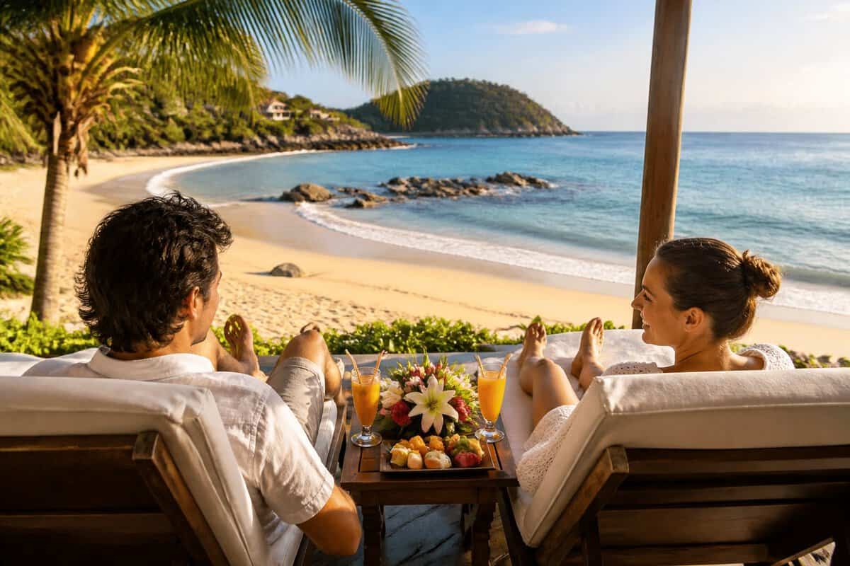 A newlywed couple relaxes at a tropical beachfront resort in Zihuatanejo with drinks and breakfast nearby.