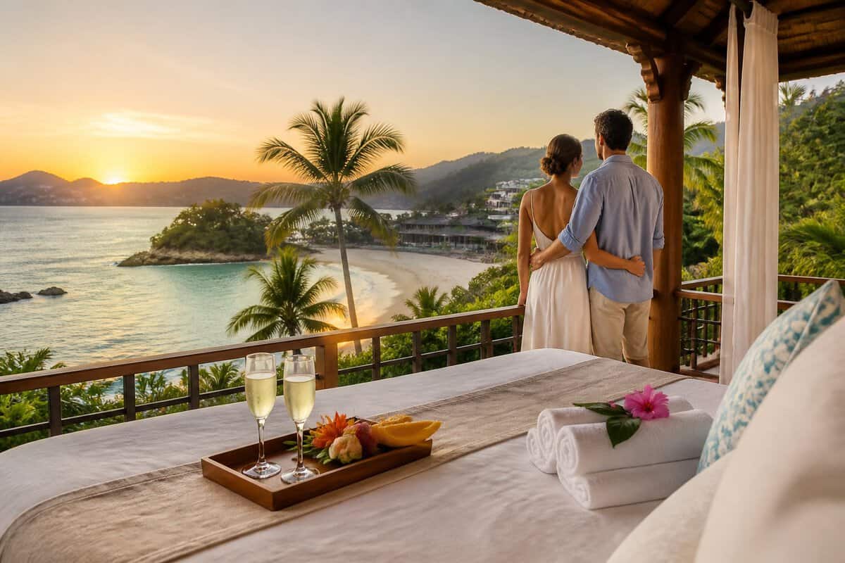A couple enjoys a romantic beachfront resort terrace overlooking the ocean at sunset.