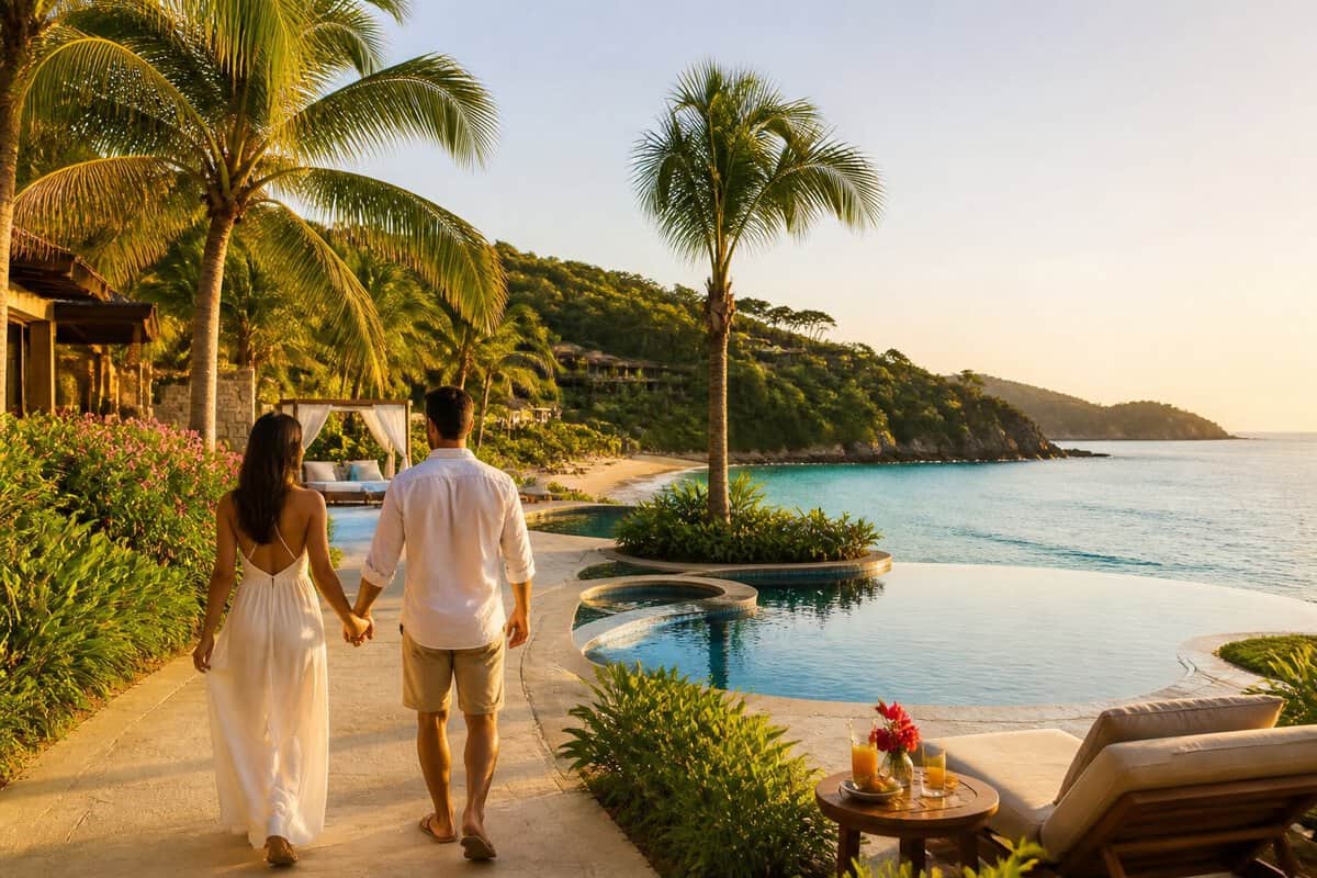 A newlywed couple walks toward a luxurious beachfront resort and infinity pool in Zihuatanejo.