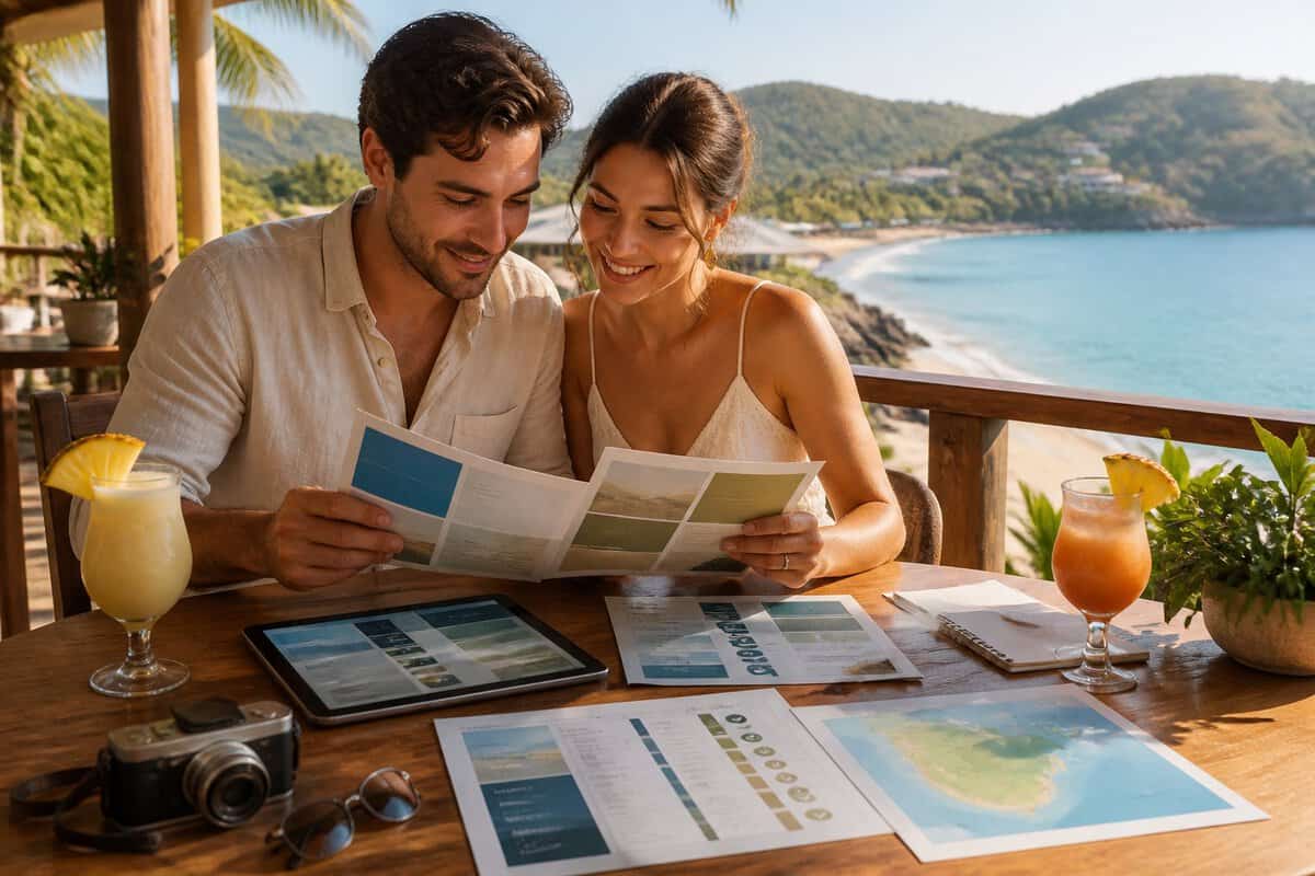 A newlywed couple compares blank travel materials at a beachfront resort terrace overlooking Zihuatanejo.