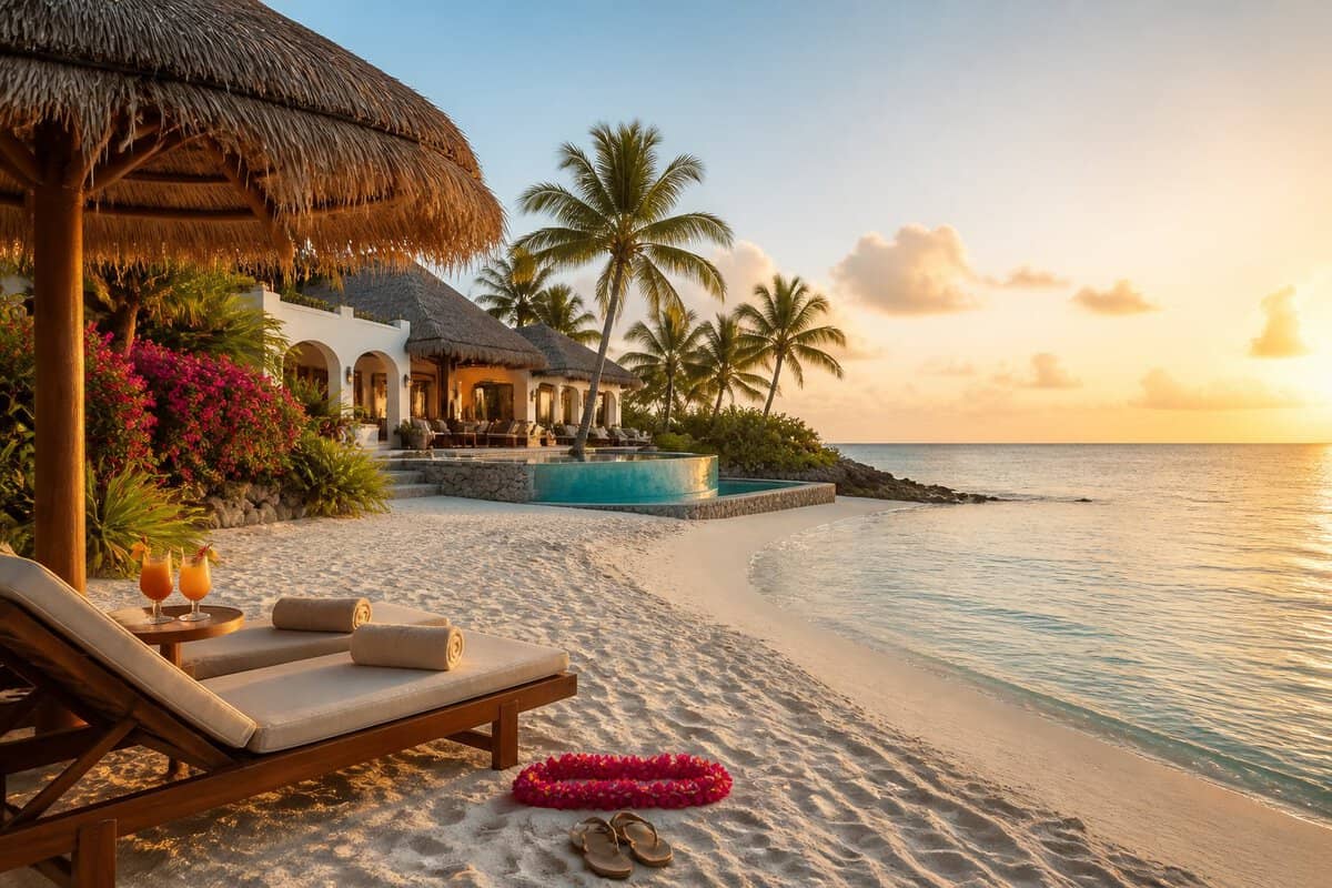 A luxurious Caribbean beach resort with lounge chairs, tropical drinks, palm trees, an infinity pool, and clear turquoise ocean water.