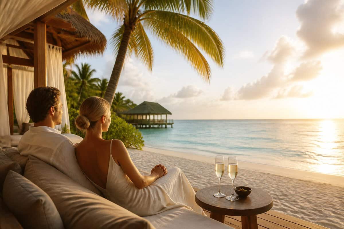 Newlywed couple relaxing beside a luxurious Caribbean beach resort with turquoise water and palm trees.