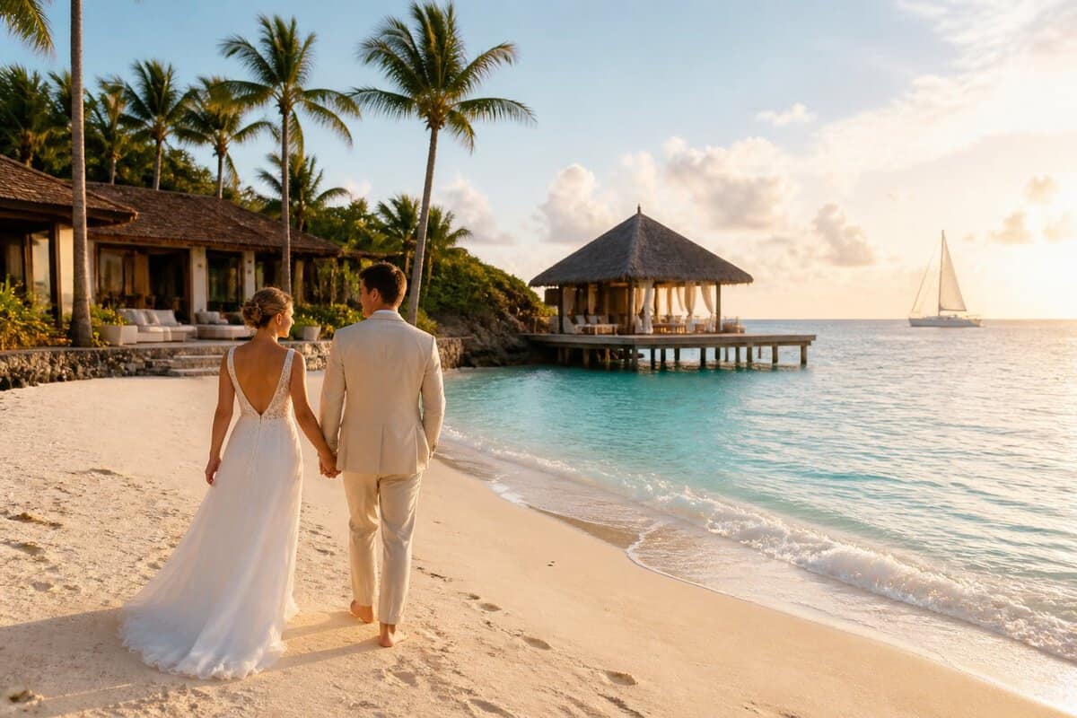 A newlywed couple walks hand in hand along a tropical beach near a luxurious overwater resort.