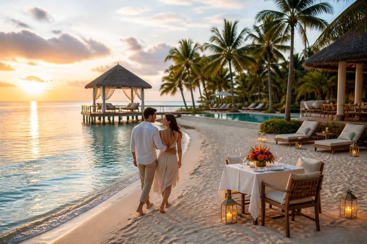 A couple walks along a white-sand beach beside a luxurious Caribbean resort at sunset.