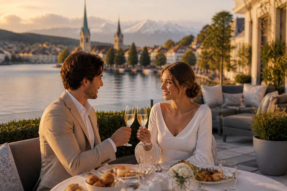 A newlywed couple enjoys a romantic lakeside meal in Zurich with the Swiss Alps in the background.