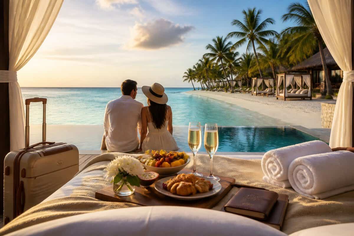 A couple overlooks a tropical Caribbean beach from a luxurious resort cabana with champagne and breakfast nearby.