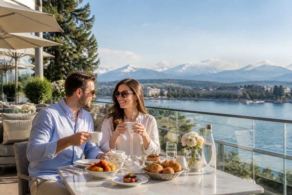Newlywed couple enjoying breakfast on a hotel terrace overlooking Lake Zurich and the Swiss Alps.