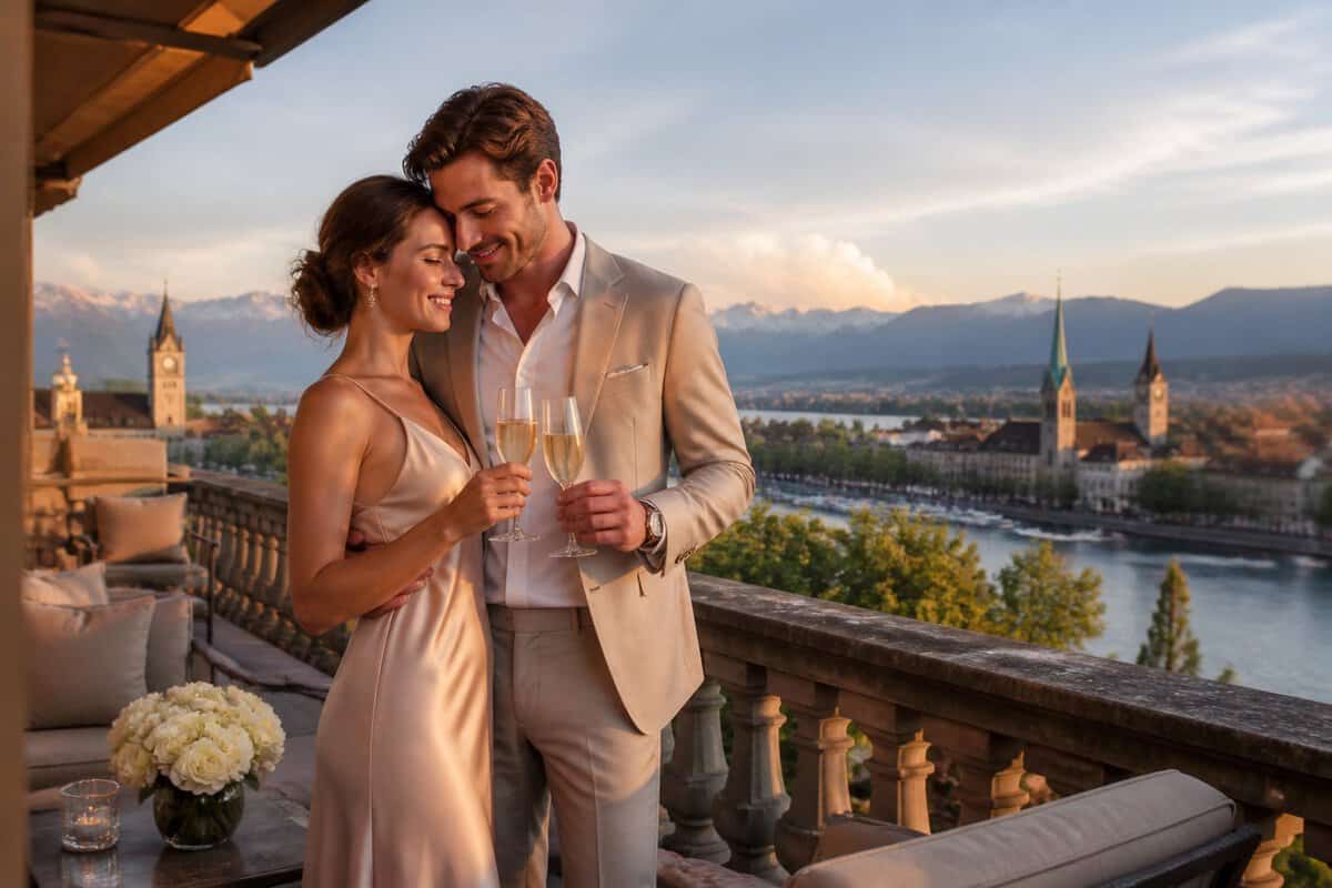A couple enjoys a romantic hotel terrace overlooking Lake Zurich and the Swiss Alps.
