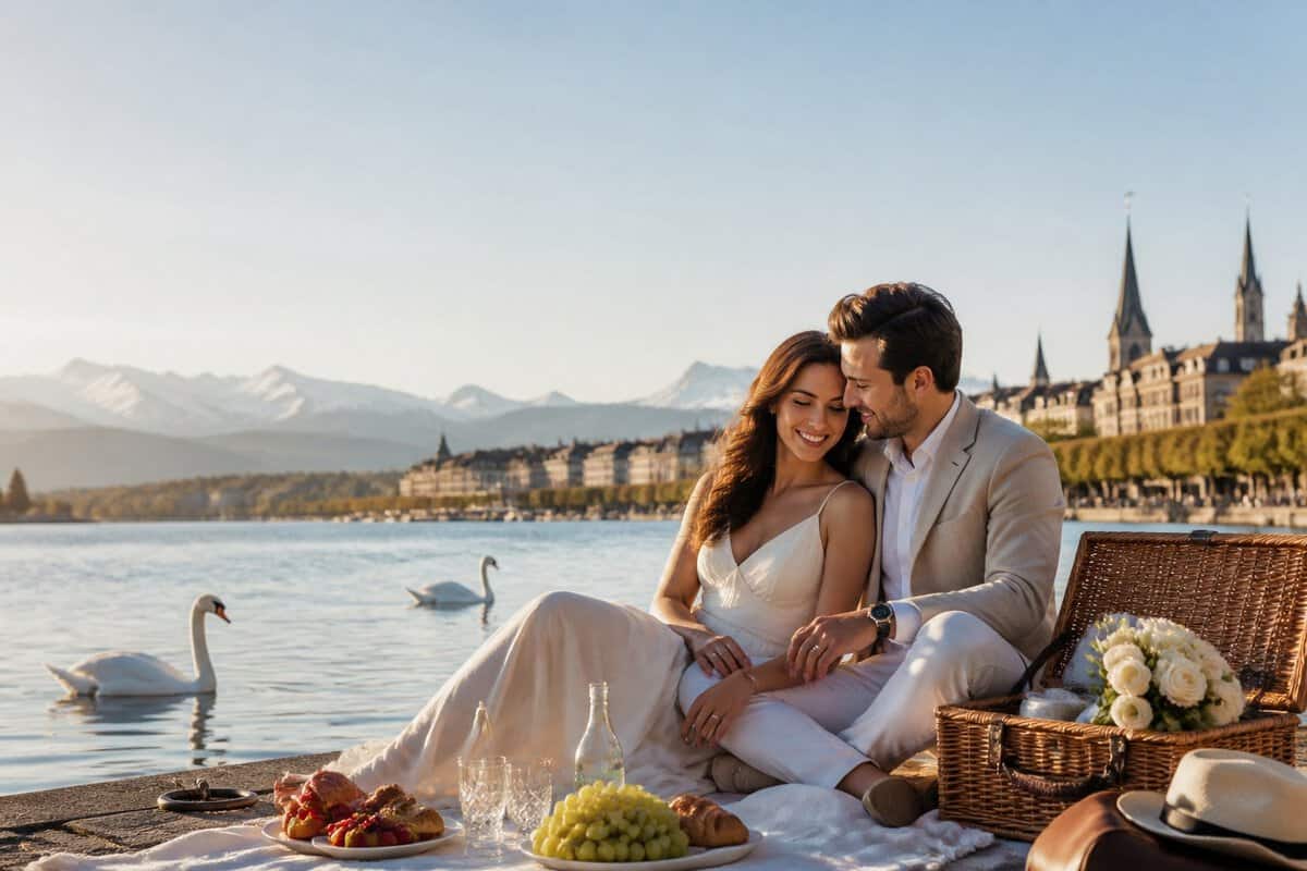 Newlywed couple enjoying a romantic picnic beside Lake Zurich with the city and Swiss Alps in the background.