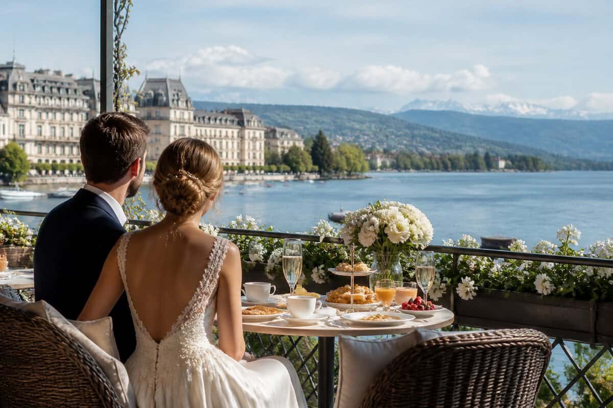 A newlywed couple enjoys a luxurious lakeside setting in Zurich with the Swiss Alps in the distance.
