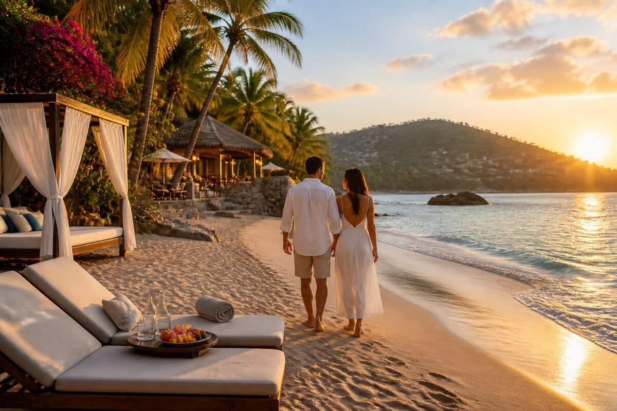 A newlywed couple walks along a tropical beach beside a luxury resort in Zihuatanejo at sunset.