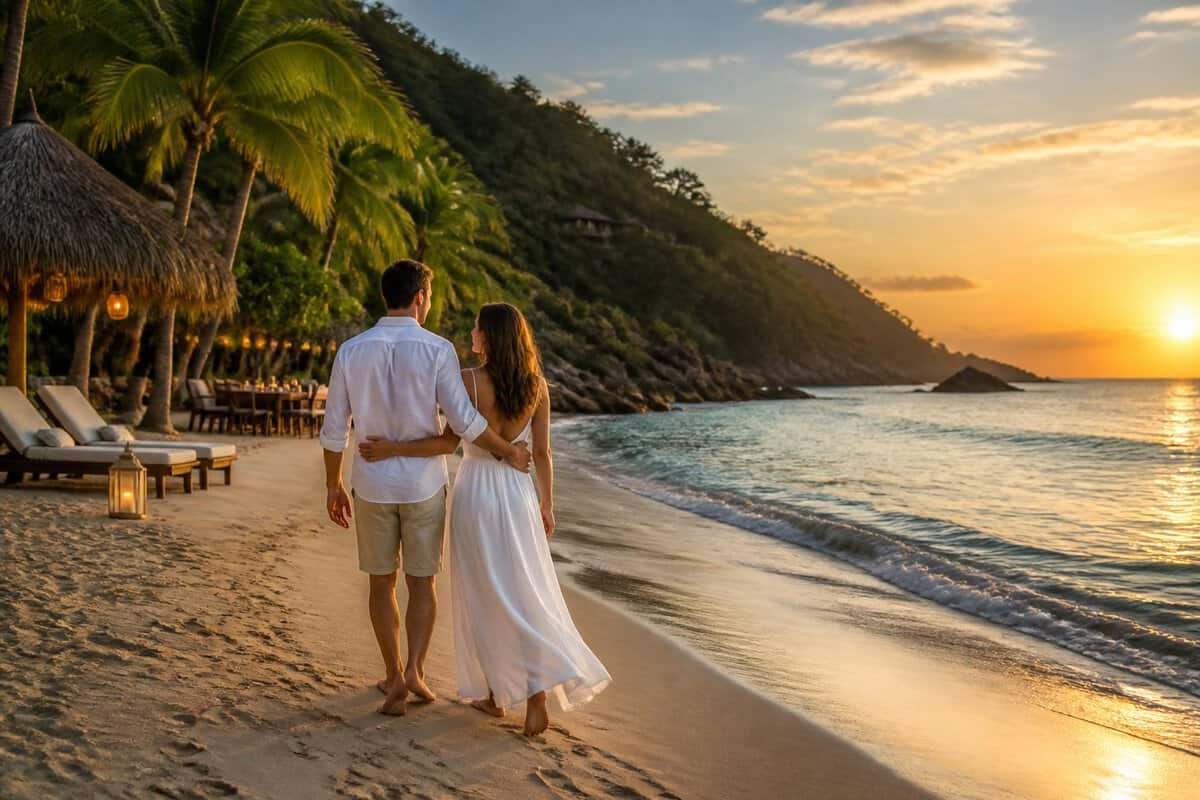 Newlywed couple walking along a tropical beach beside an all-inclusive resort at sunset.