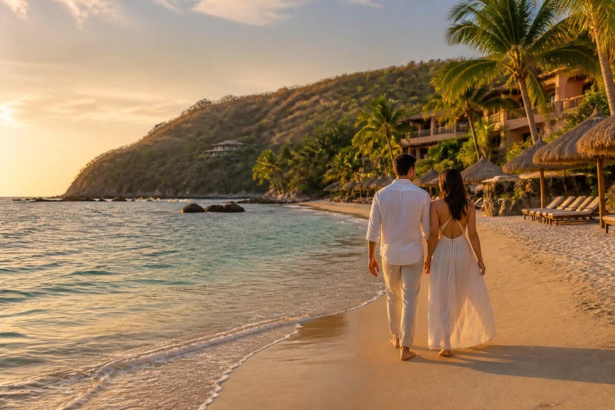 A couple walks along a secluded tropical beach beside a beachfront resort in Zihuatanejo at sunset.
