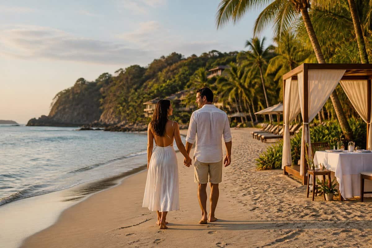 A couple walks hand in hand along a tropical beach beside a luxury resort in Zihuatanejo.