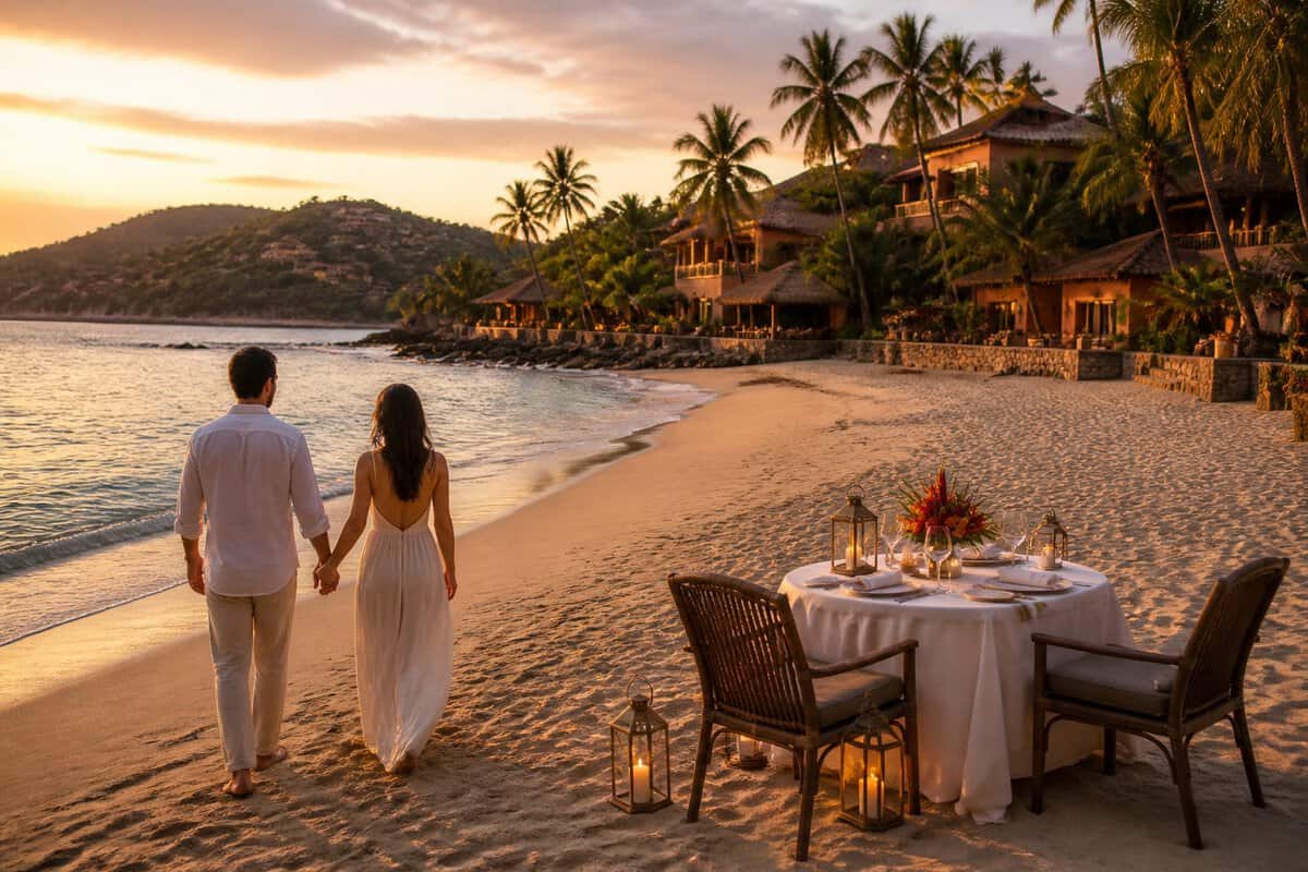 A couple walks hand in hand along a tropical beach near a romantic resort at sunset.