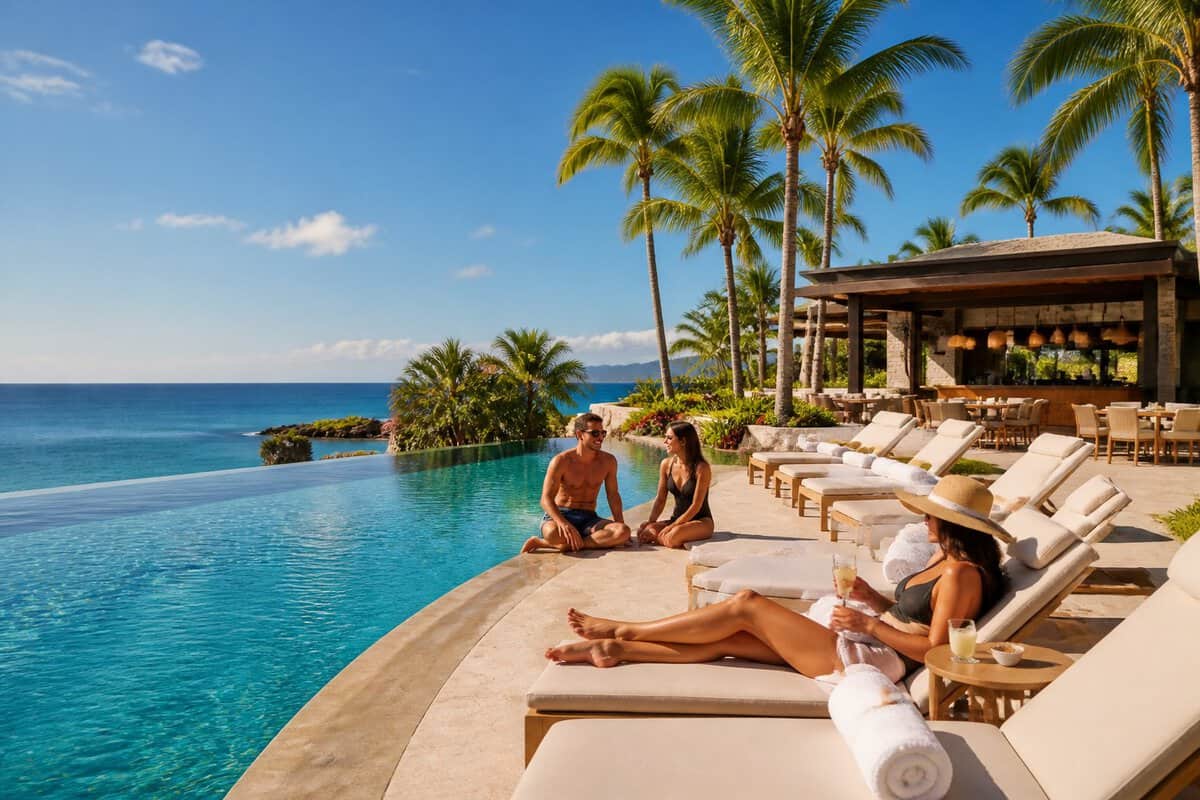 Adults relaxing beside an infinity pool at a tropical resort overlooking the ocean.