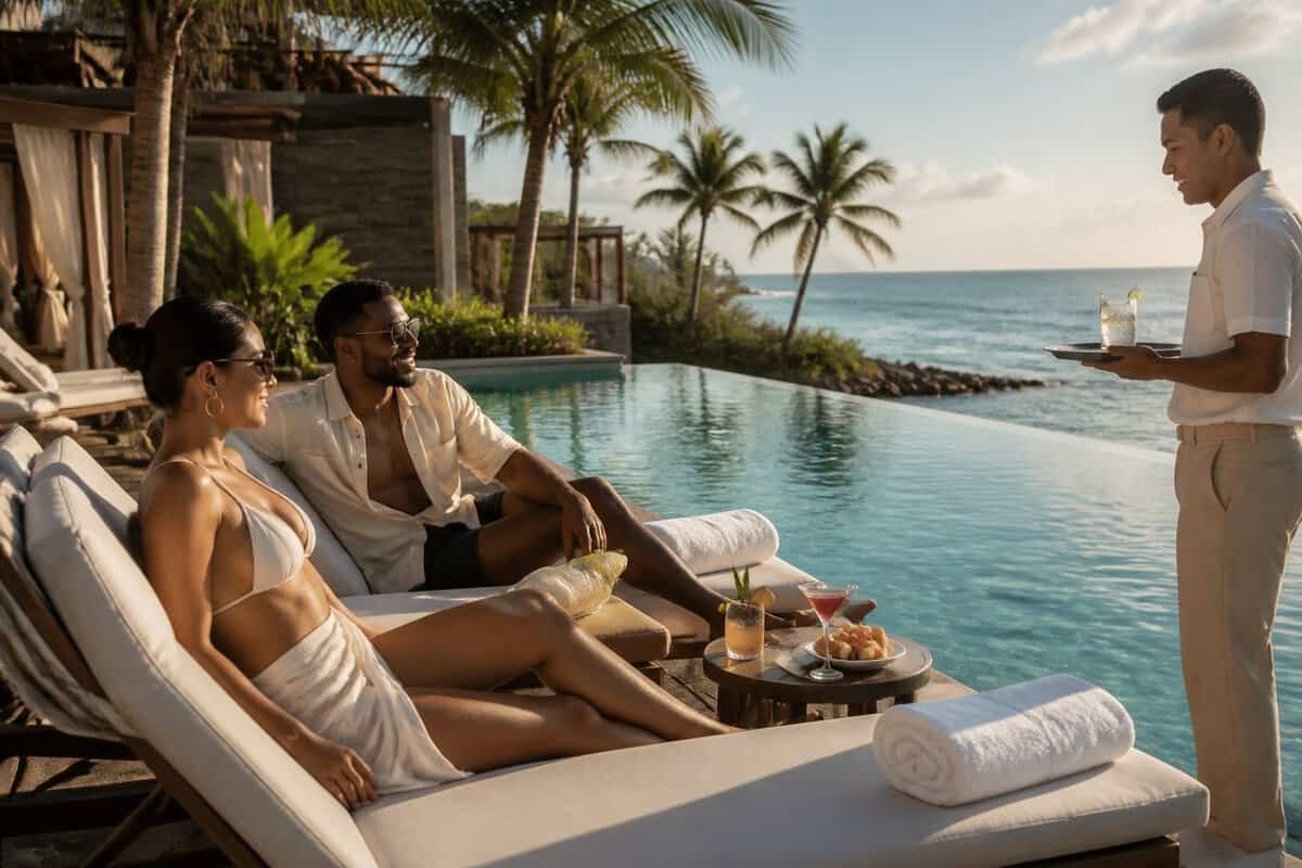 Two adults relax beside an infinity pool at a luxurious tropical resort overlooking the ocean.