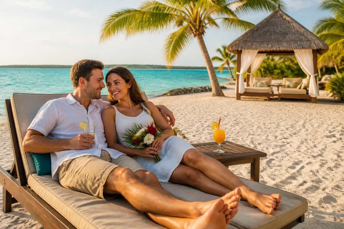 Newlywed couple relaxing on a tropical Belize beach beside a modest resort setup.