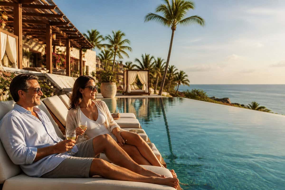 Two adults relax beside an infinity pool at a tropical adults-only resort.