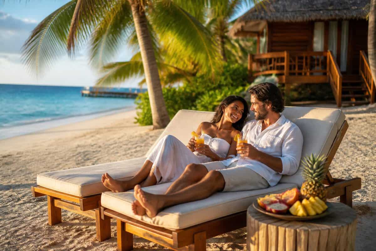 Newlywed couple relaxing at an all-inclusive beach resort in Belize.