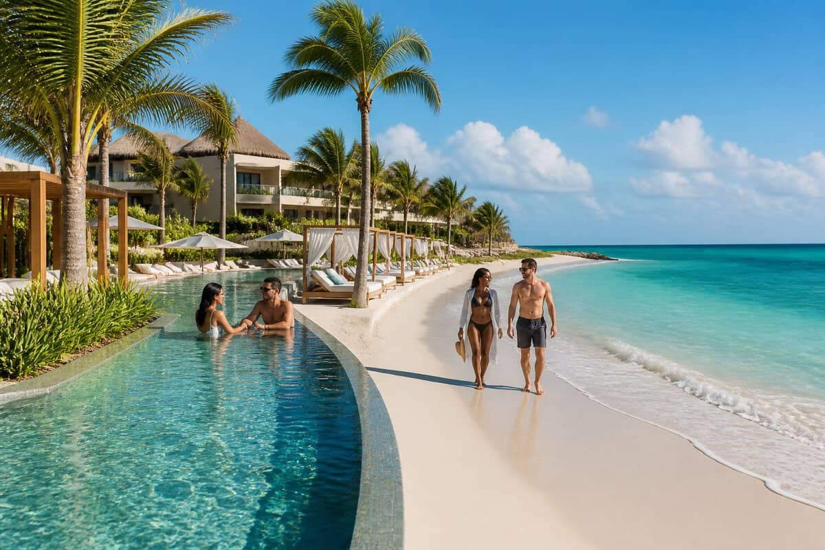 Adults relaxing at a luxury all-inclusive beach resort with palm trees, turquoise water, and white sand.