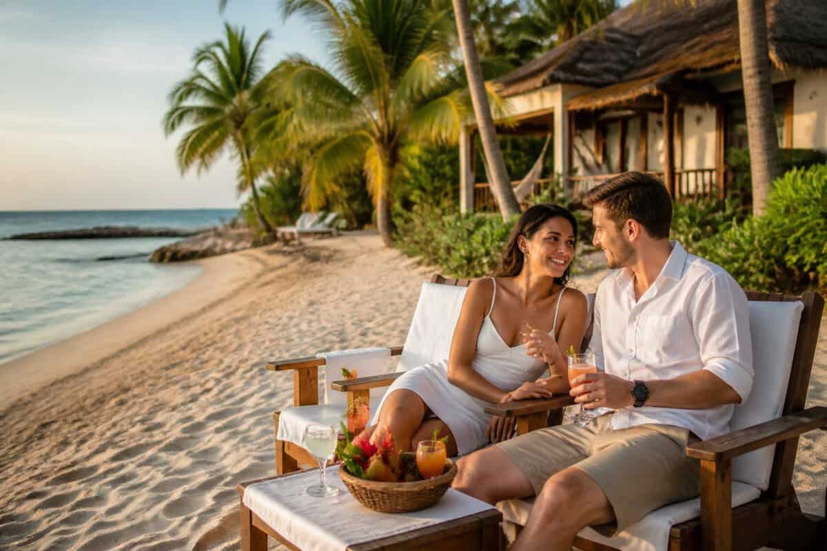 A newlywed couple relaxes together on a tropical Belize beach near a modest beachfront resort.