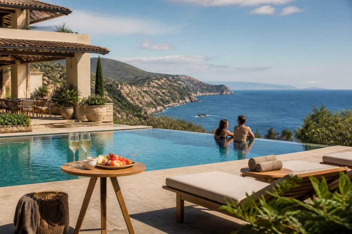 An adult couple relaxes beside an elegant seaside resort infinity pool overlooking a dramatic blue coastline.