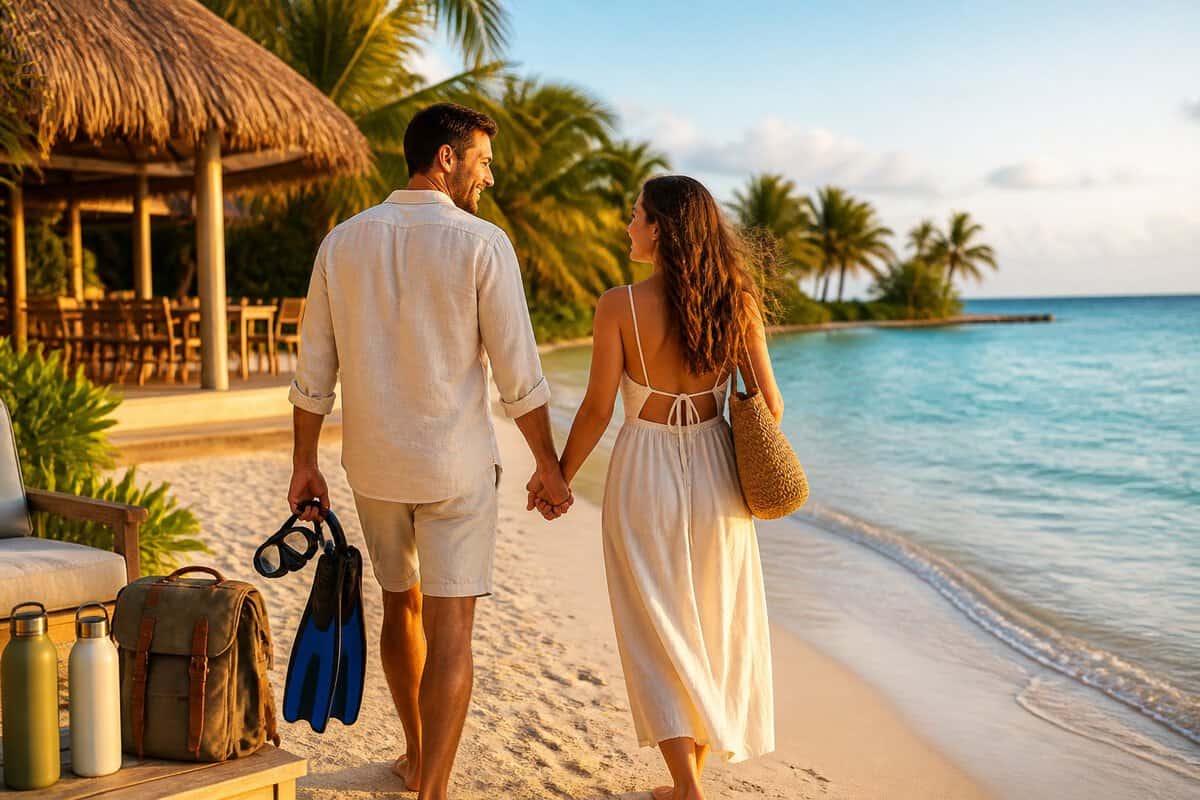 Newlywed couple holding hands on a sunny Belize beach beside a tropical resort.