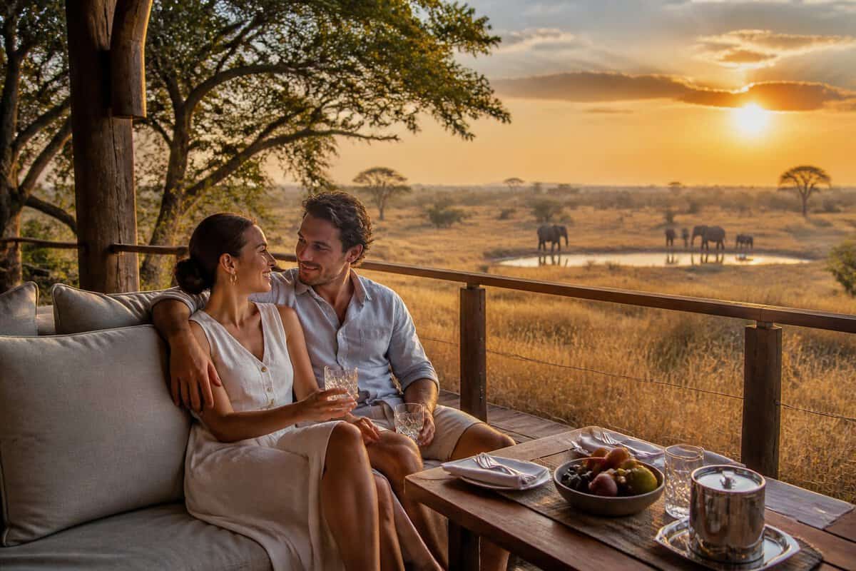 A couple relaxes on a luxury safari lodge veranda overlooking Zimbabwe’s savanna at sunset.