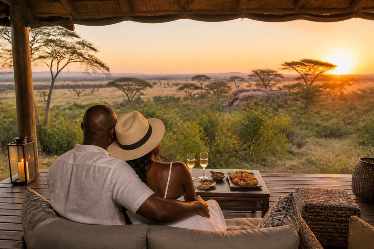 Newlywed couple enjoying a sunset view of the Zimbabwean wilderness from a safari lodge terrace.